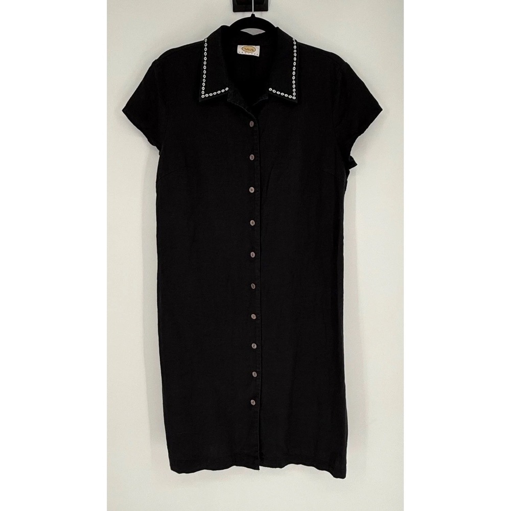 Vintage Talbots Petites Linen Midi Dress Womens 16 XL Black Button Modest Career